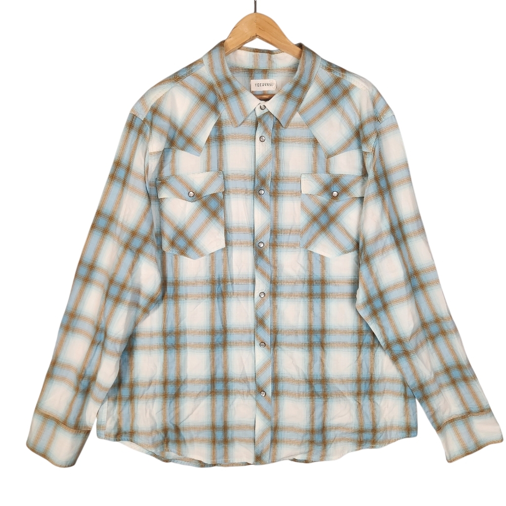 Tecovas Pearl Snap Shirt Size XXL Blue Plaid Western Long Sleeve